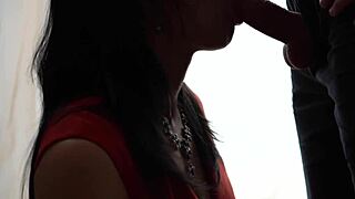 hey, check out this amateur wife in red giving a deepthroat blowjob to her friend's big cock until he cums in her mouth