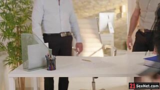 Lady boss lures assistants into steamy office double penetration fun.