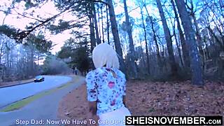 Damn! Innocent Ebony MsNovember Spread Wide and Pounded Hard in Forest!