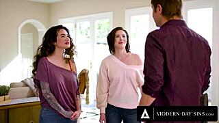 Casey Calvert and Arabelle Raphael beg ex for wild threesome! Insane action!