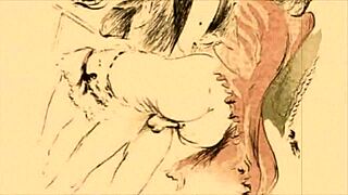 Vintage anime hentai illustration depicts erotic cartoon scenes