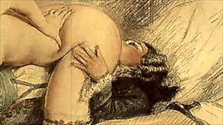 Vintage anime hentai illustration depicts erotic cartoon scenes