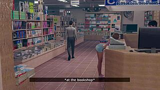 A couple engages in an intimate encounter in a Japanese bookstore setting