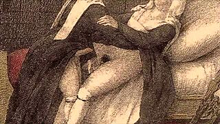 Vintage anime hentai illustration depicts erotic cartoon scenes