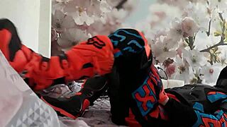 motocross biker in gay costume treads boots