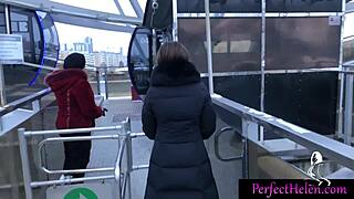 Hot girl gives oiled blowjob to stranger's dick and swallows cum at resort in close-up