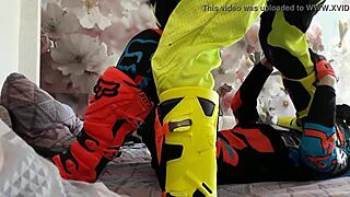 motocross biker in gay costume treads boots