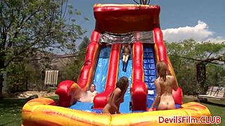 Outdoor gangbang with lesbos toying tight pussy and ass in HD