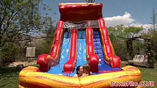 Outdoor gangbang with lesbos toying tight pussy and ass in HD