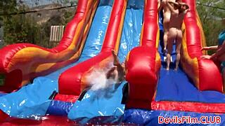 Outdoor gangbang with lesbos toying tight pussy and ass in HD