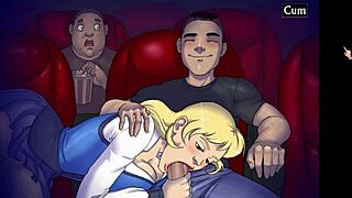 My horny blonde teen girlfriend starts sucking my cock in public cinema.