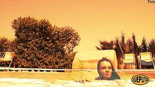 a woman performs ablutions in the outdoor pool, getting naked and nude