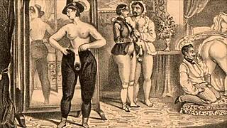 Vintage erotic illustration depicts antique cartoon scenes