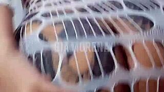 Tattooed brunette dances funk rhythm