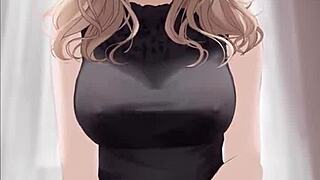 anime girl feels ecstatic riding dick in black dress, getting covered in cum