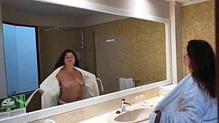 stepson sneaks into stepmom's shower - see her curvy wet body