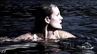 Beautiful blonde swims in the middle of the woods