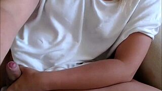 Blonde transsexual spills cum on herself during a hot live cam show