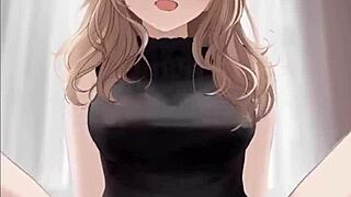 anime girl feels ecstatic riding dick in black dress, getting covered in cum