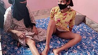 two step-sisters get threesome with one guy, hindi talking