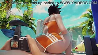 overwatch tracer rides cock on public beach