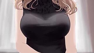 anime girl feels ecstatic riding dick in black dress, getting covered in cum