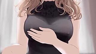 anime girl feels ecstatic riding dick in black dress, getting covered in cum