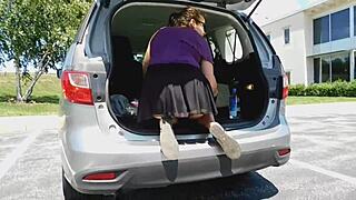 Mature housewife spreads asshole in public, flashing thong under miniskirt.