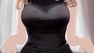 anime girl feels ecstatic riding dick in black dress, getting covered in cum