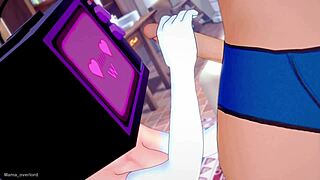 TV woman uses tight swimsuit for detailed fun with gloves and socks in toilet scene