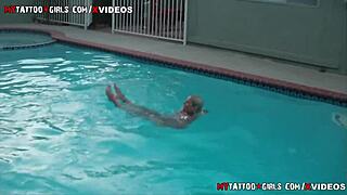 blackwidow xxx enjoys pool time with blonde and tattooed friends