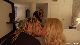 Unexpected 4some unfolds with asian and blonde in deepthroat lingerie action.