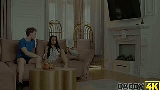 daddy4k pussy set to divide with big cock and piercing on sofa