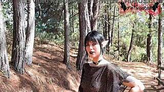 Gothic elf gets naughty in forest, bending over outdoors! 🌲