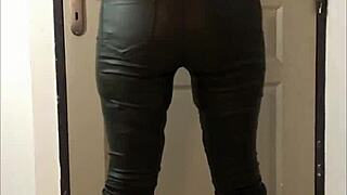 2063ip vertical - french amateur leather pants satin lingerie bra thong garter belt heels stockings exhibitionism pov