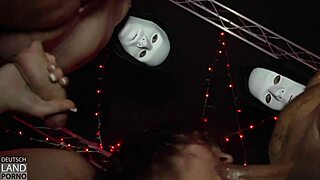 Mia and Emily drop to their knees for epic gangbang cumshots.