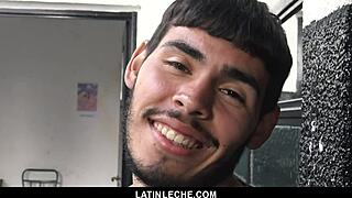 Sexy latino boy gets covered in cum by four hung guys in group ass licking