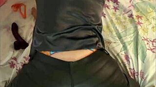 2063ip vertical - french amateur leather pants satin lingerie bra thong garter belt heels stockings exhibitionism pov