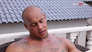 The bodybuilder enjoys a moment of pleasure after his intense workout