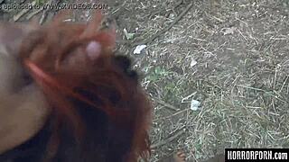 Brunette BENT OVER in woods for DOGGYSTYLE licking