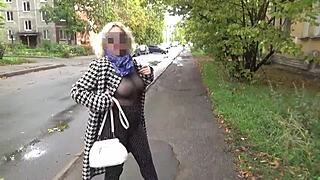 Sexy milf walks in nylon with big boobs