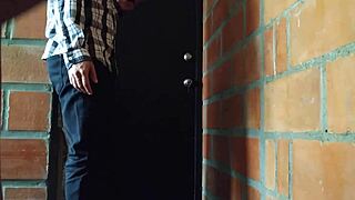 Secretary in dress and lingerie gets fucked in the hallway in this homemade porn video