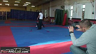 Hey, watch this cute teen get orally satisfied by her wrestling buddy after a hot match