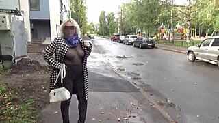 Sexy milf walks in nylon with big boobs