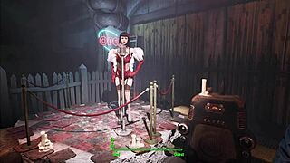 Fallout 4 features power armor in an exciting game scenario with a brunette character
