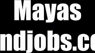 maya squeezin his cock for double cumshots, oops