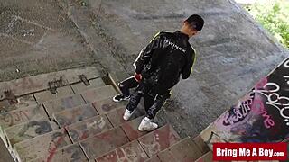 Casper Ivarsson and Jack Flynn, twinks from Bringmeaboy, go bareback outdoors.