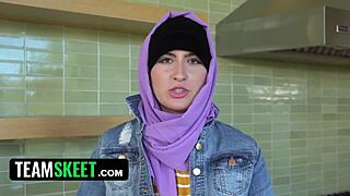 Arab slut in hijab masturbates for her boyfriend before swallowing him.