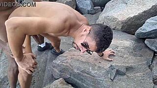 Ball licking and cum on huge cocks in beach orgy