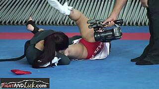 Hey, watch this cute teen get orally satisfied by her wrestling buddy after a hot match
